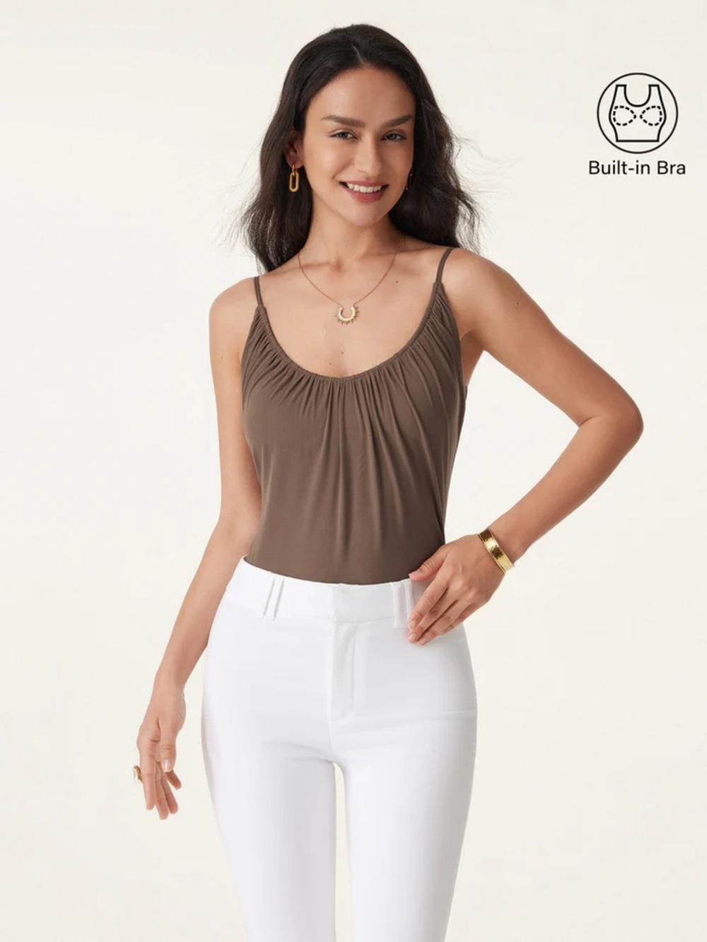 NWT OGL Eco-SkinKiss® Scoop Neck Gathered Spaghetti Bra Tank in white - Picture 3 of 5